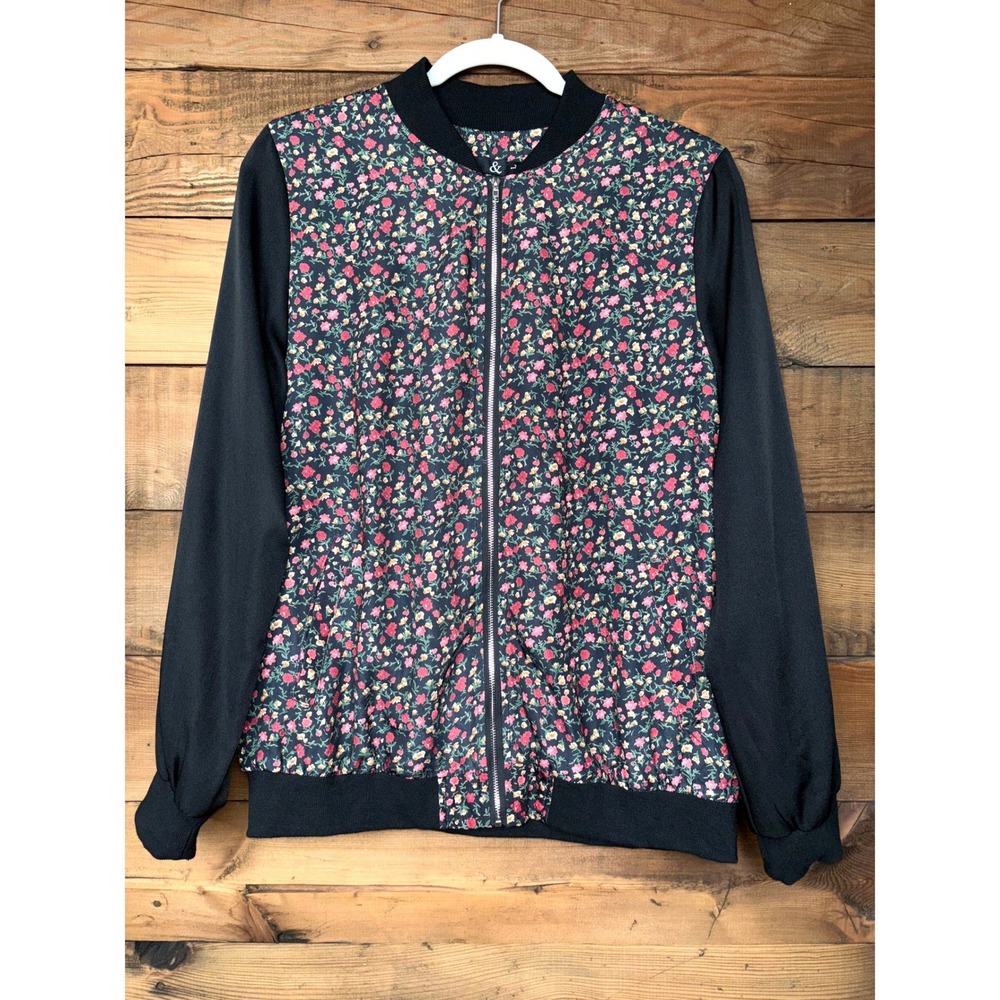 Ampersand Floral Bomber Jacket Womens Large Floral Full Zip Lightweight Casual
